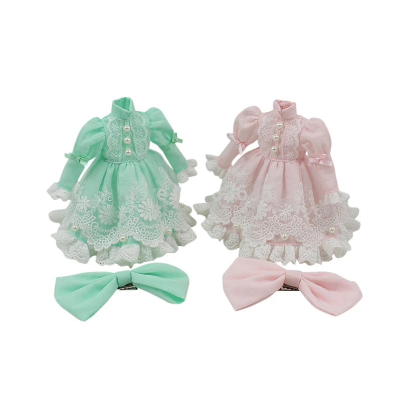ICY DBS Blythe Doll Licca Body Lace Dress Bow Knot Pink Green Princess Outfit