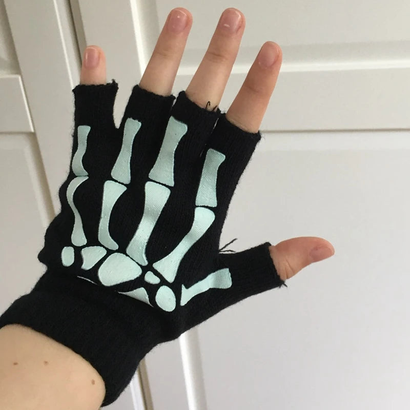 Half Finger Gloves Skeleton Skull Glow in Dark Fingerless Halloween Punk