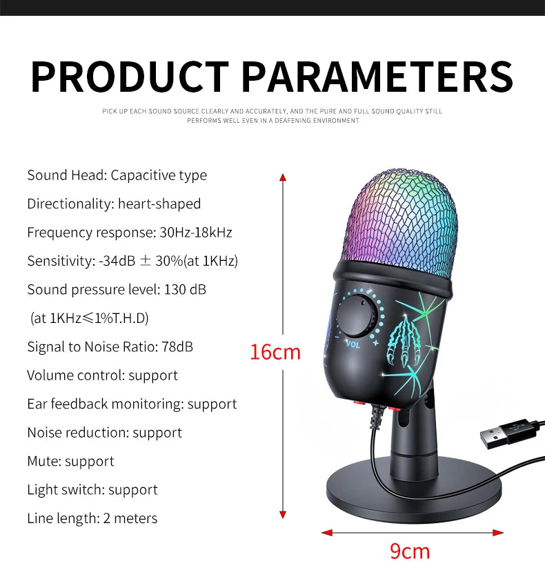 Gaming Microphone USB Podcast Condenser Mic for PC with Headphone Jack