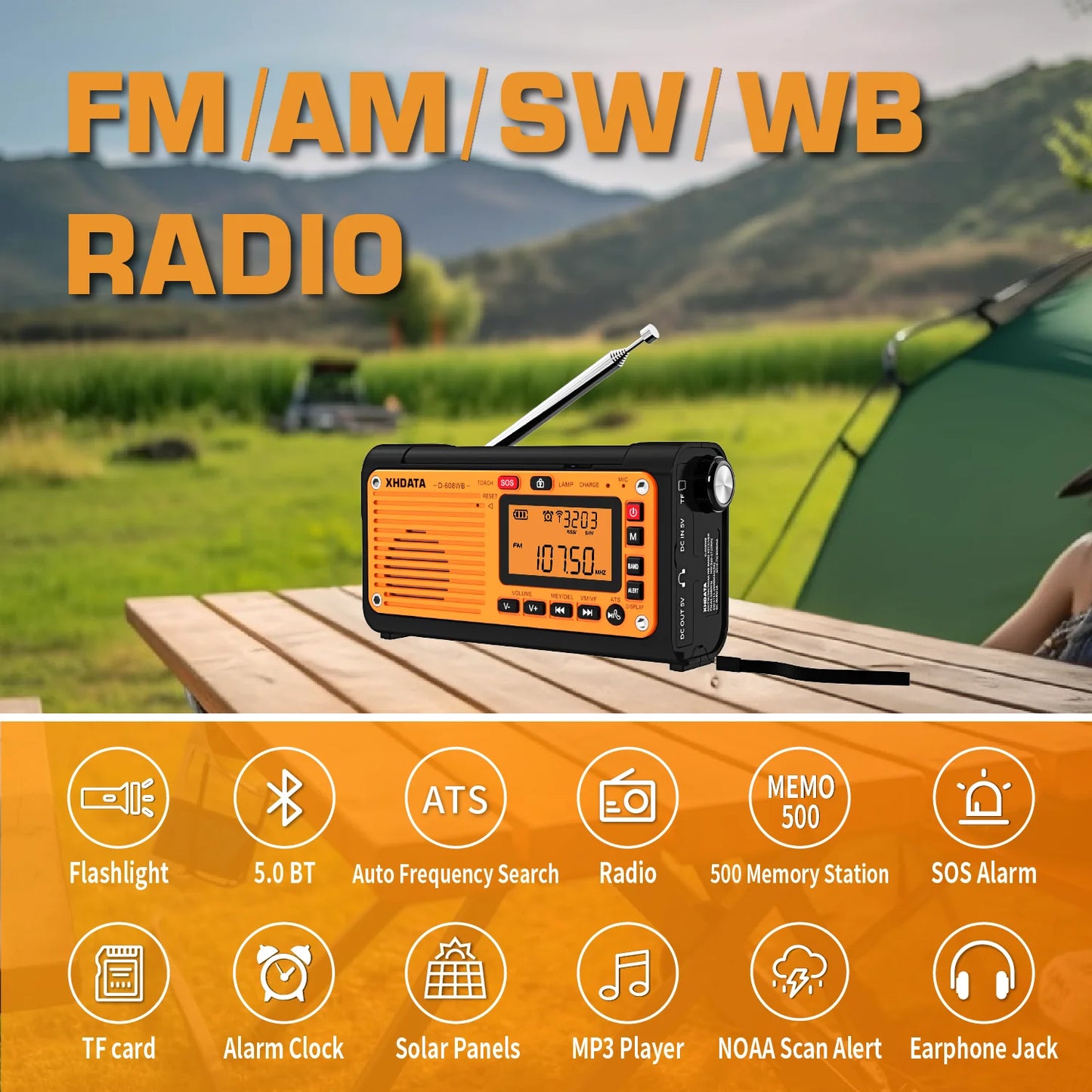 XHDATA D-608WB Emergency Radio | Crank, NOAA, Bluetooth, Speaker, Flashlight
