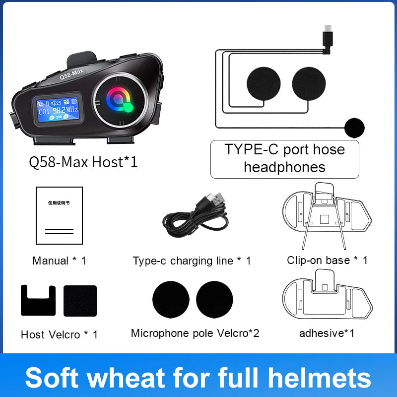 Q58 Max Motorcycle Helmet Bluetooth Intercom with Music Sharing 500m Range