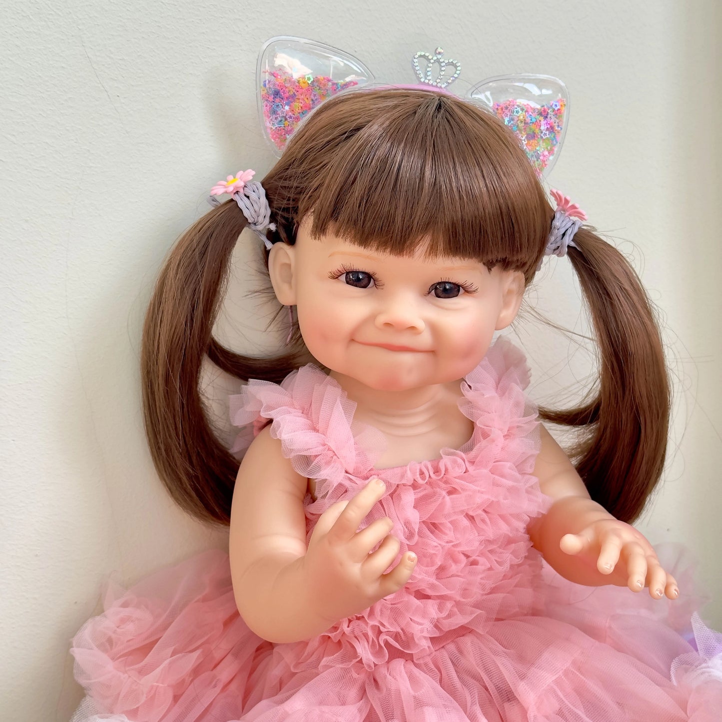 NPK 55CM Reborn Toddler Doll with Pink Dress Full Body Soft Silicone Raya Lifelike Soft Touch High Quality Doll Gifts-EXPROTAS