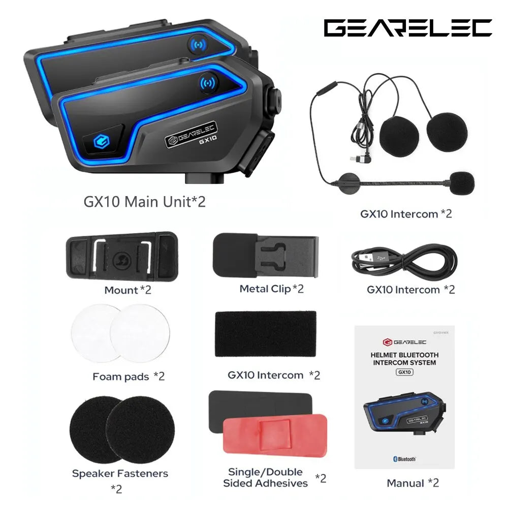 GEARELEC GX10 Motorcycle Intercom Helmet Bluetooth Headset 10 Riders 2km MOTO Communicator Interphone FM Music Sharing PK B4FM-X-EXPROTAS