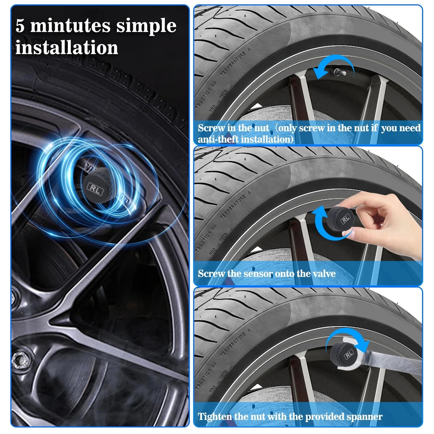 Intelligence Wireless Tire Pressure Monitoring System with 4 Sensors