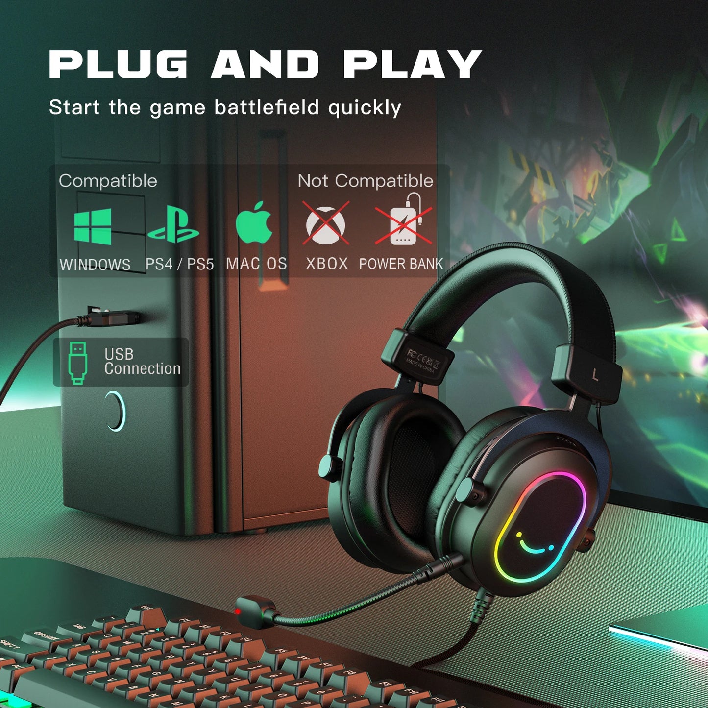 FIFINE RGB Gaming Headset with Mic Over-Ear 7.1 Surround 3-EQ for PC PS4 PS5