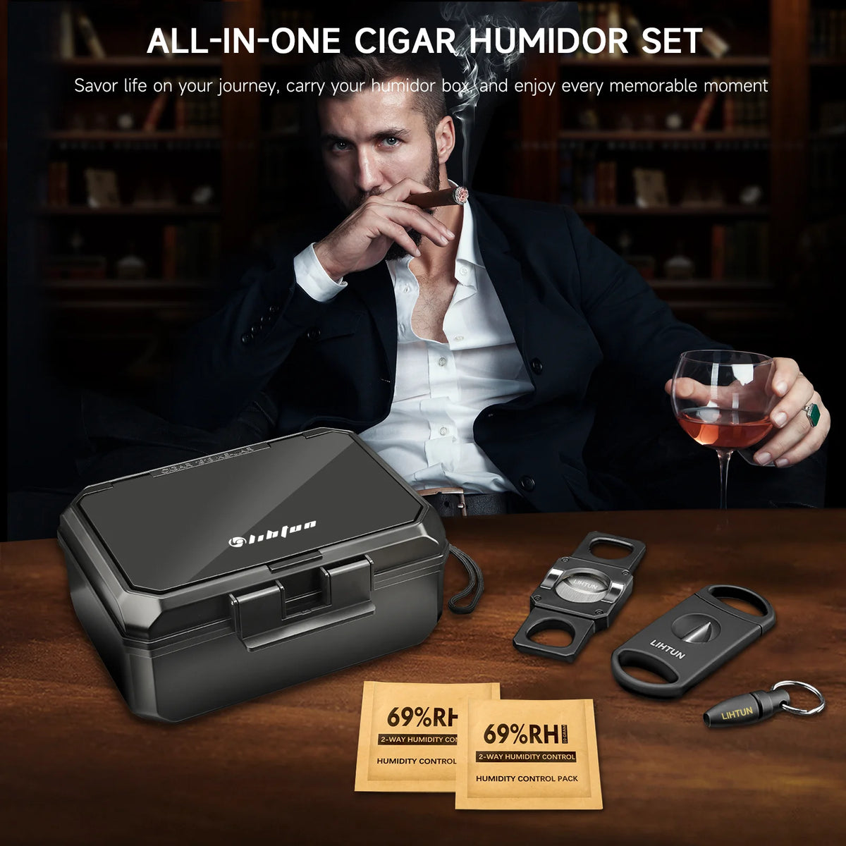 Travel Humidor Box Portable Cigar Case with Cutter and Lighter Holder