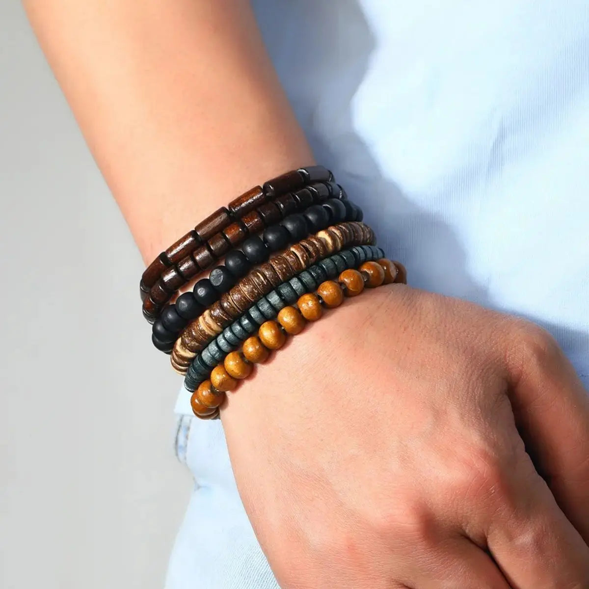 6PCS Wodeen Braided Wrap Leather Bracelet for Men Surfer Wristband Black Brown