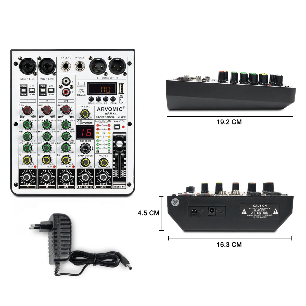 4-Channel Audio Mixer, ARVOMIC DJ Mixer with USB Audio Interface, Bluetooth Function, 16 DSP Effects, and 3-Band EQ (ARMX-4)-EXPROTAS