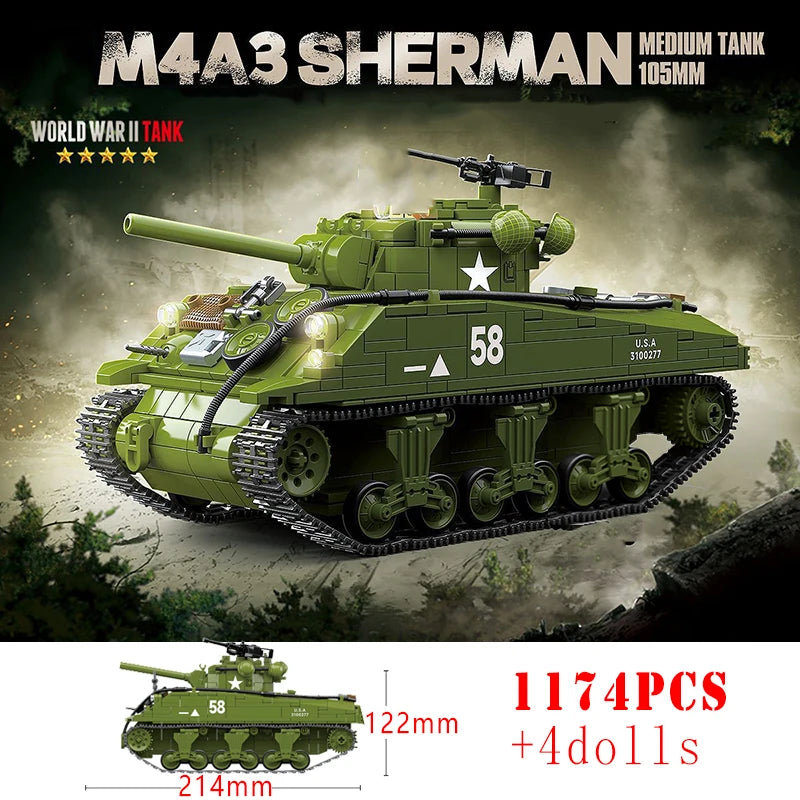 WW2 US M3A1 Stuart M4A3 Sherman Tank Building Blocks Military Brick Set