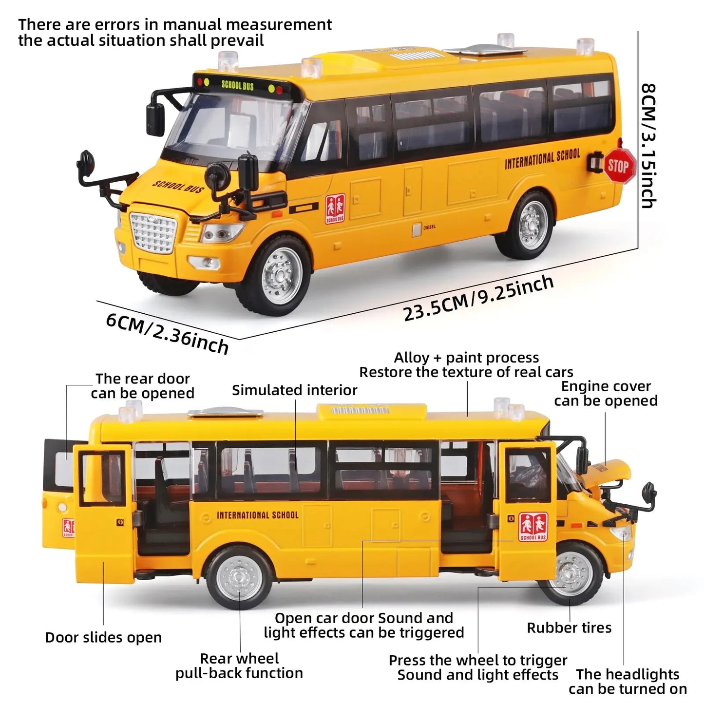 1:24 School Bus Toy, Die Cast Pull Back 9'' Model Cars, with Lights & Sounds, Openable Doors, Large Yellow Metal Toy Vehicle