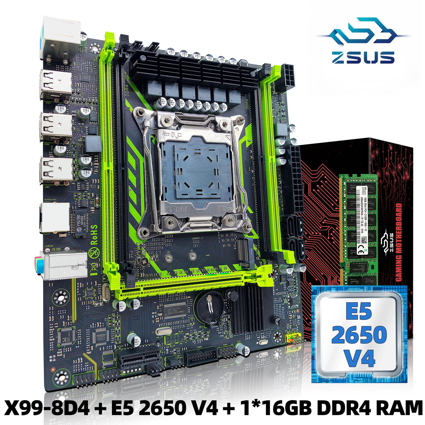 ZSUS X99-8D4 Motherboard Set Kit With LGA2011-3 Xeon E5 2650 V4 CPU DDR4 16GB (1*16GB) 2133MHZ RAM Memory NVME M.2 SATA-EXPROTAS