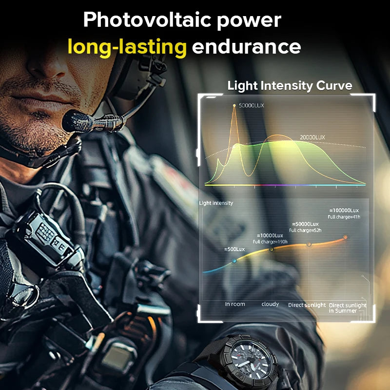 NORTH EDGE BLAZE Men's Solar Quartz Watch, 316L SS Case, Pilot Sports, 50M Waterproof