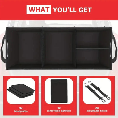 Universal Large Trunk Organizer For Car, Collapsible Multi Compartment Trunk Storage Bag With 2 Retractable Straps-EXPROTAS