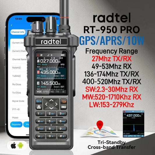 Radtel RT-950 PRO Walkie Talkie 10W Ham Radio Receiver with GPS APRS