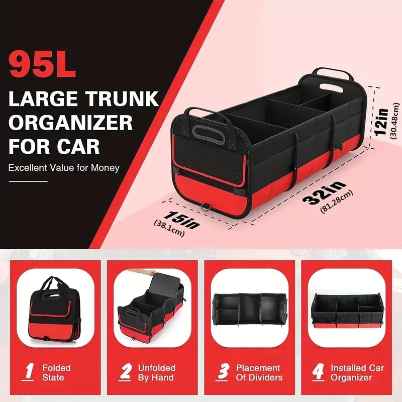 Universal Large Trunk Organizer For Car, Collapsible Multi Compartment Trunk Storage Bag With 2 Retractable Straps-EXPROTAS