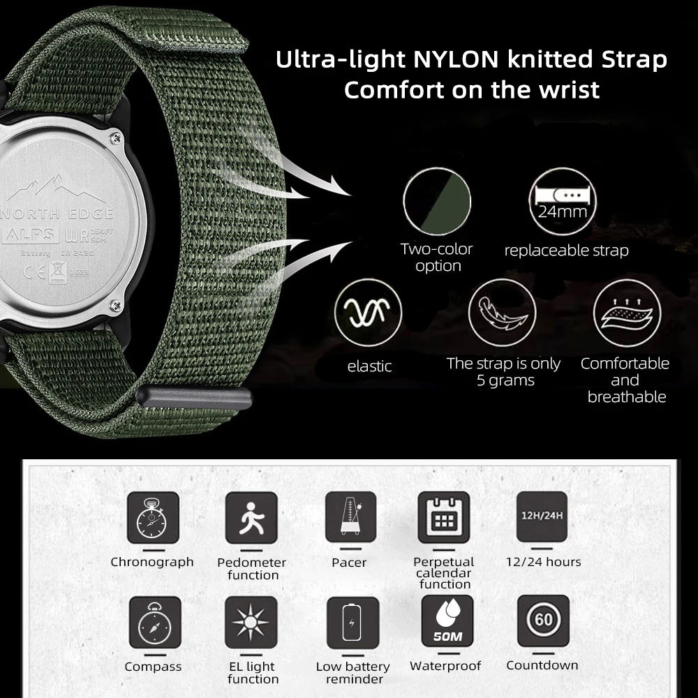 NORTH EDGE ALPS Men's Digital Carbon fiber Watch Shock Militray Sports Super Light Outdoor Compass Waterproof 50M Wristwatches-EXPROTAS