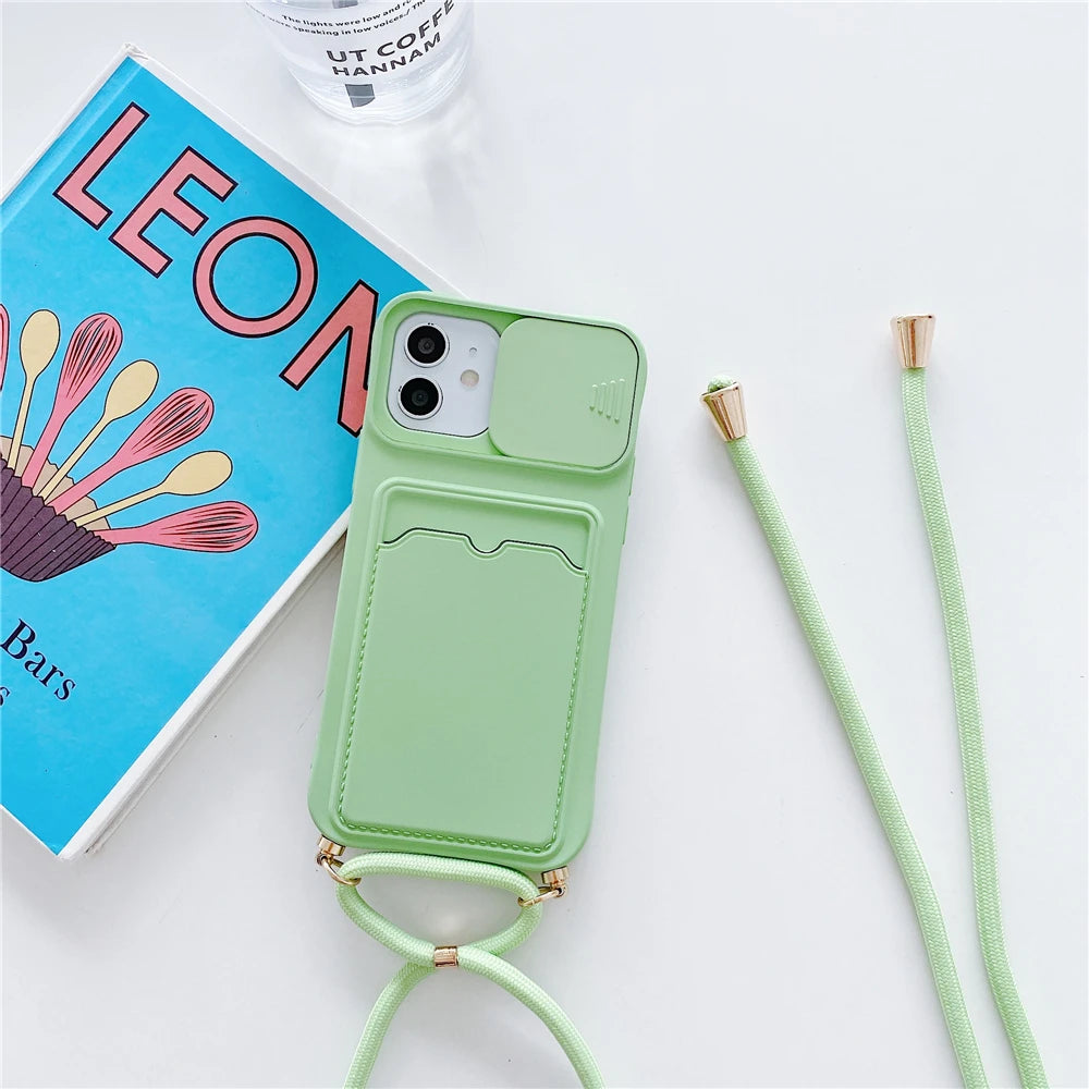 iPhone 7-16 Pro Max Mini XR XS Crossbody Lanyard Wallet Case Camera Cover
