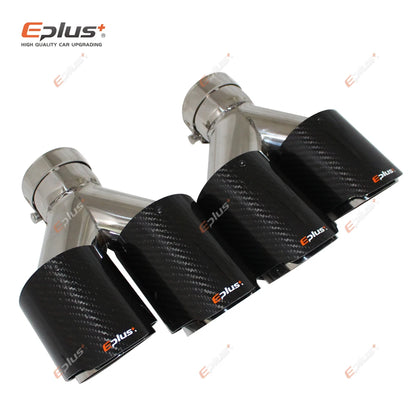 EPLUS Carbon Fiber Y-Shape Dual Exhaust Tip Stainless Muffler Nozzle Silver