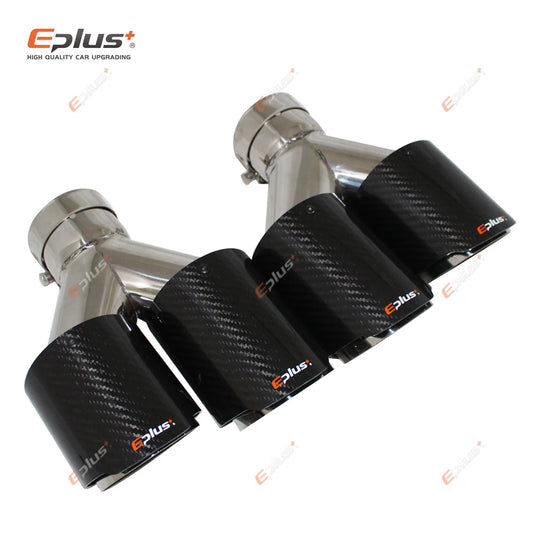 EPLUS Carbon Fiber Y-Shape Dual Exhaust Tip Stainless Muffler Nozzle Silver