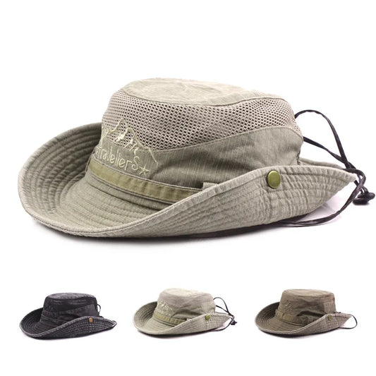 Jungle Fishing Mesh Bucket Hat Men Summer Wide Brim Sun Hiking Cap