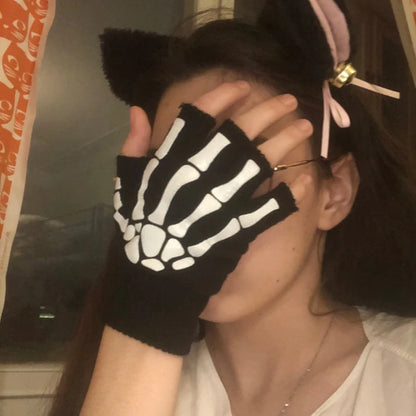 Half Finger Gloves Skeleton Skull Glow in Dark Fingerless Halloween Punk