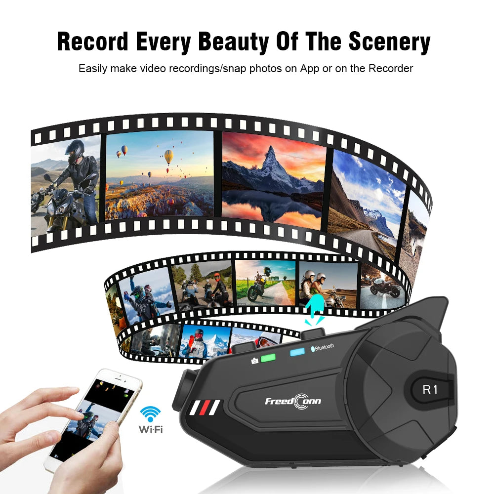 Freedconn R1Plus Bluetooth Motorcycle Helmet Intercom Headset with WiFi App and Dash Cam