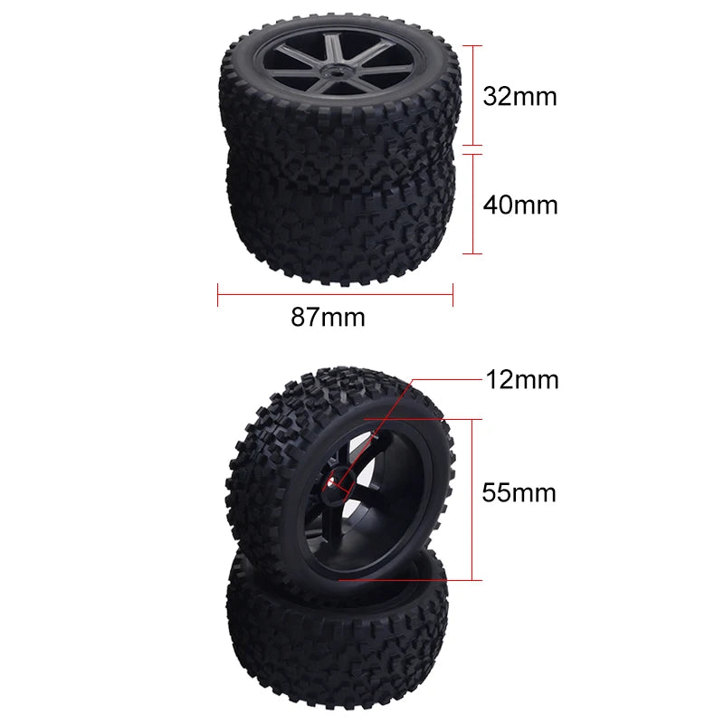 1/10 RC Off-Road Buggy Front & Rear Tires Wheels Set 12mm Hex with Foam Inserts