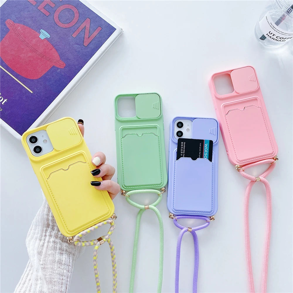 iPhone 7-16 Pro Max Mini XR XS Crossbody Lanyard Wallet Case Camera Cover