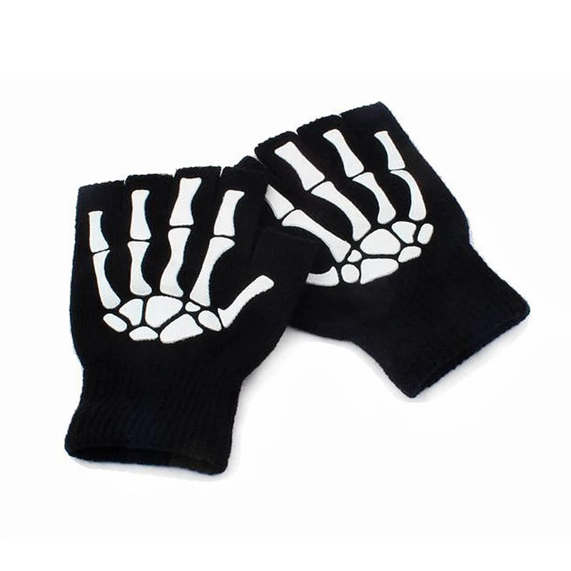 Half Finger Gloves Skeleton Skull Glow in Dark Fingerless Halloween Punk