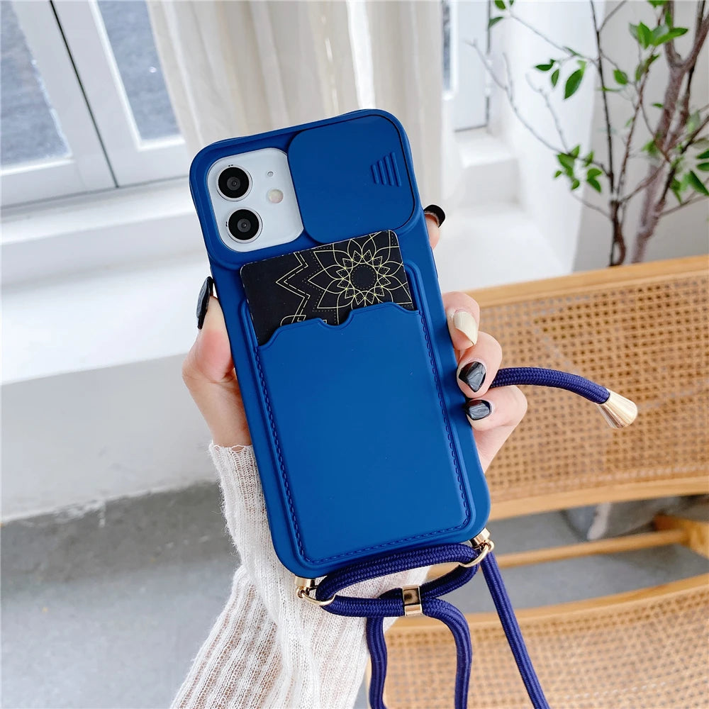 iPhone 7-16 Pro Max Mini XR XS Crossbody Lanyard Wallet Case Camera Cover