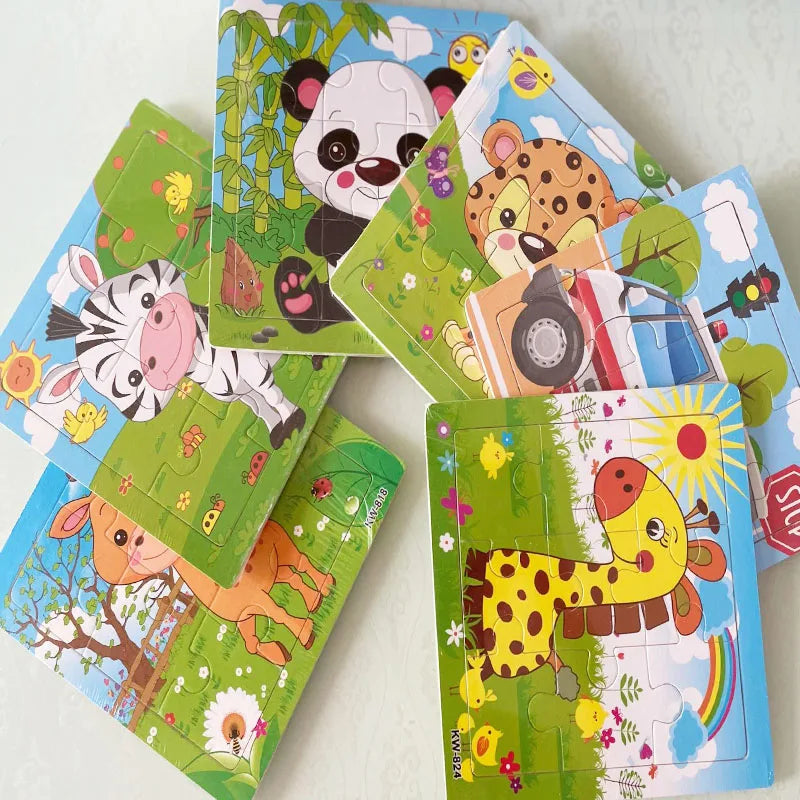 12/9pcs Wooden Puzzles Kids Cartoon Animals Vehicles Educational Learning Toy Gift