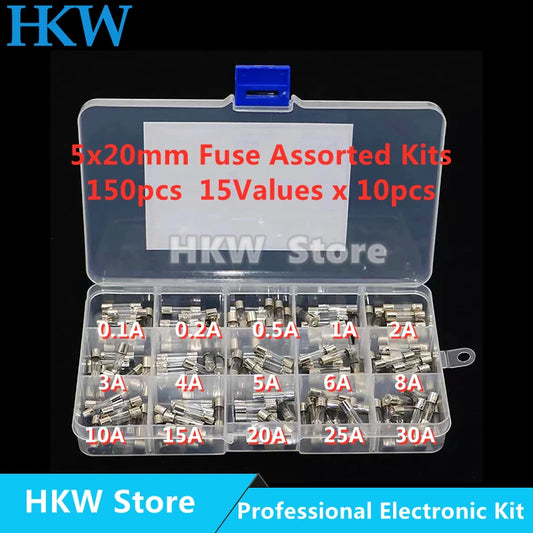 150Pcs Quick Blow Glass Tube Fuses Assorted 0.2A to 30A 5x20mm