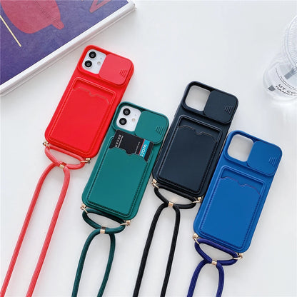 iPhone 7-16 Pro Max Mini XR XS Crossbody Lanyard Wallet Case Camera Cover