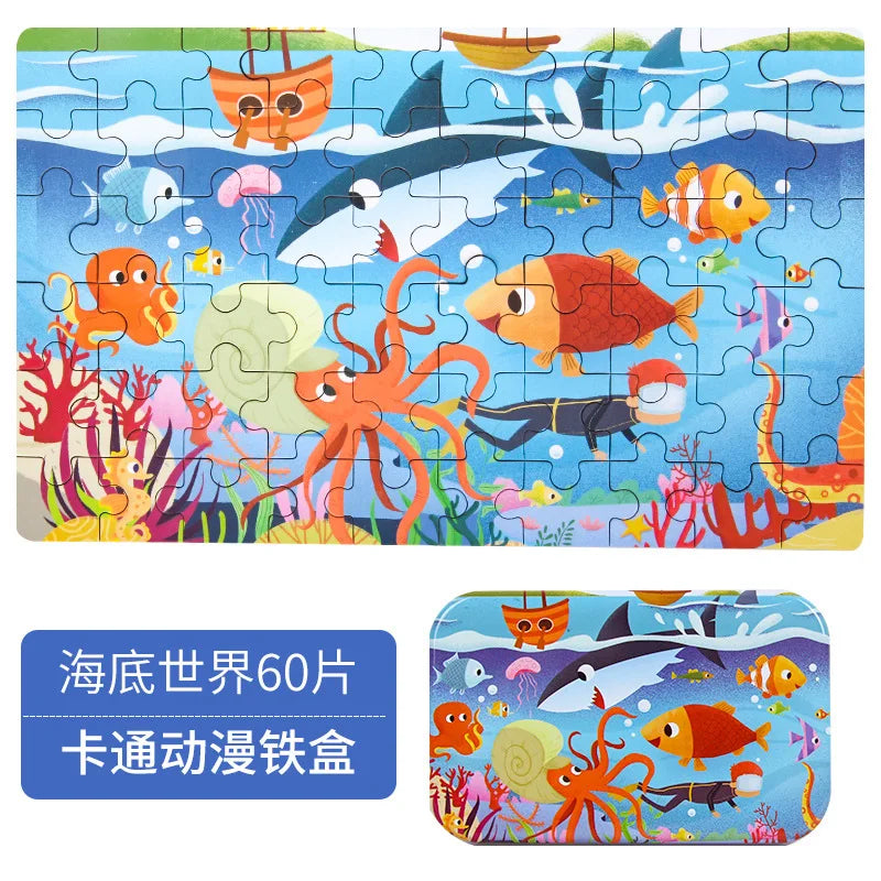 60pcs Wooden Jigsaw Puzzle Kids Toy Cartoon Animals Vehicles Educational Learning Gift