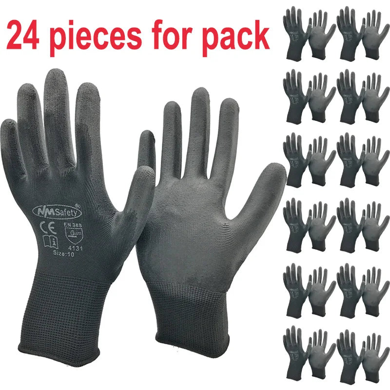 24 Pairs Work Gloves Safety Coated Grip Builders Gardening PU Black