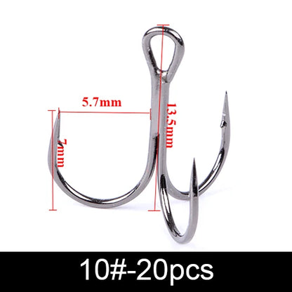 20Pcs Fishing Hooks Treble Carbon Steel Barbed Sharp 2/4/6/8/10#