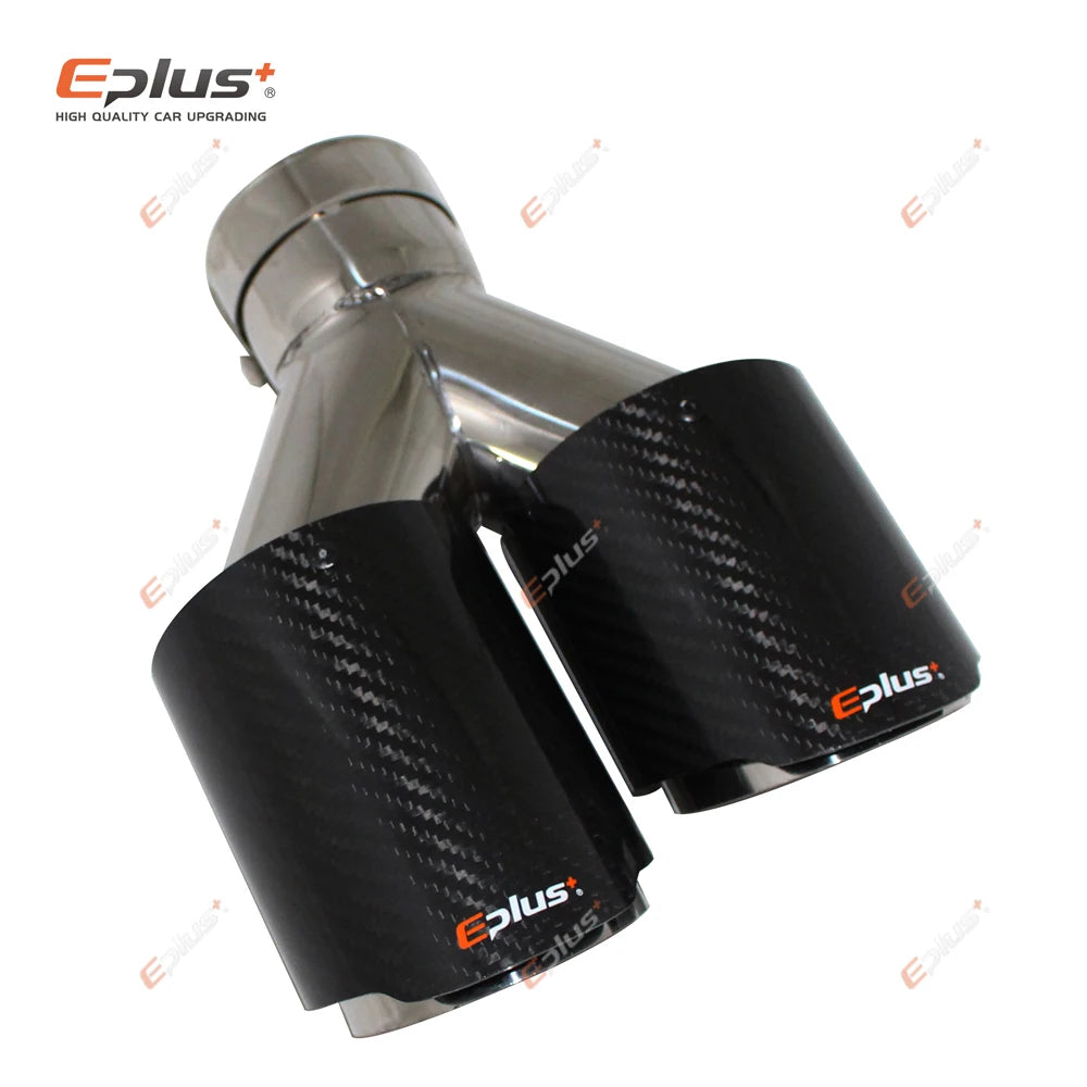 EPLUS Carbon Fiber Y-Shape Dual Exhaust Tip Stainless Muffler Nozzle Silver