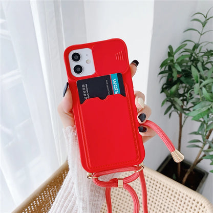iPhone 7-16 Pro Max Mini XR XS Crossbody Lanyard Wallet Case Camera Cover