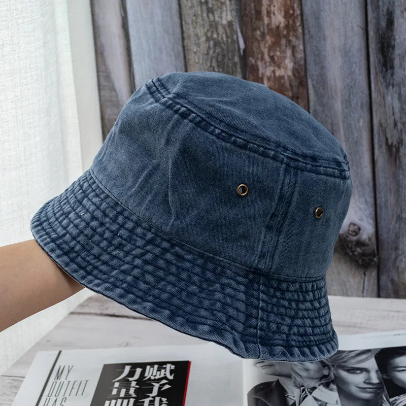 Unisex Bucket Hat Washed Denim Fisherman Cap Summer Casual Fashion