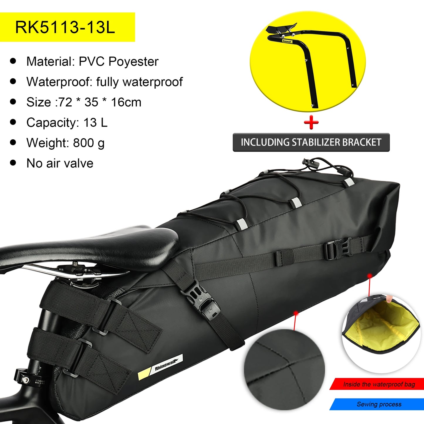 Rhinowalk Waterproof Bicycle Saddle Bag with Stabilizer Set 13L Large Capacity