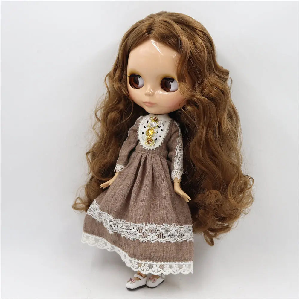 ICY DBS Blythe Doll 1/6 BJD Tan Skin Joint Body Dark Brown Hair NO.0623