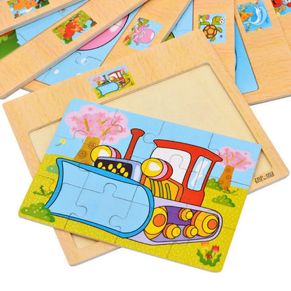 12/9pcs Wooden Puzzles Kids Cartoon Animals Vehicles Educational Learning Toy Gift