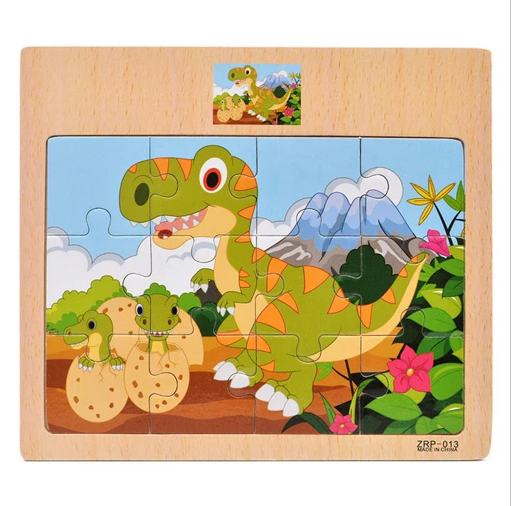 12/9pcs Wooden Puzzles Kids Cartoon Animals Vehicles Educational Learning Toy Gift