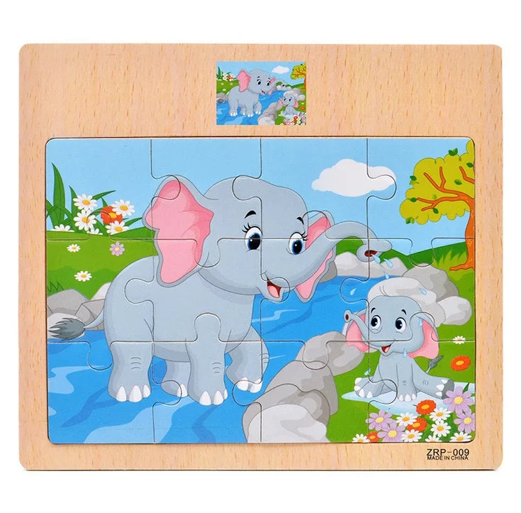 12/9pcs Wooden Puzzles Kids Cartoon Animals Vehicles Educational Learning Toy Gift