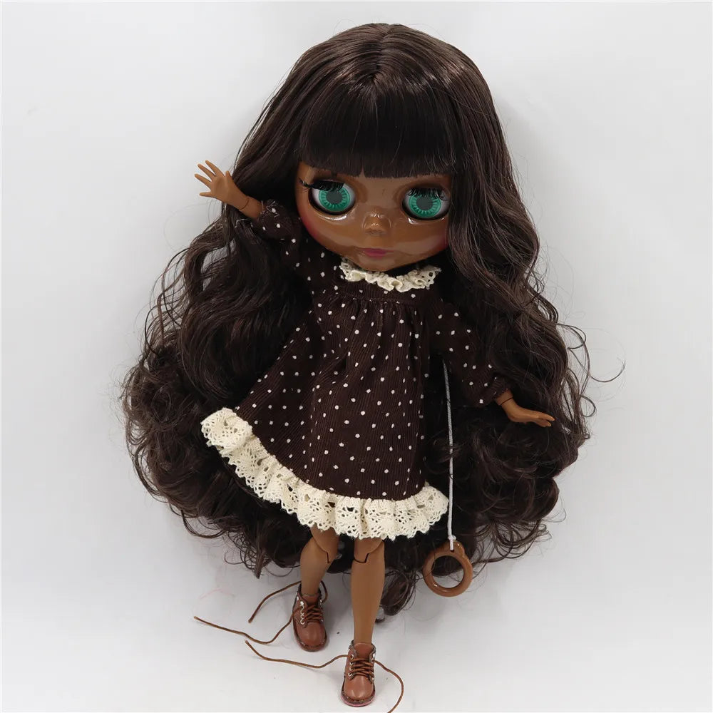 ICY DBS Blythe Doll Super Black Skin Glossy Face Joint Body Dark Brown Hair