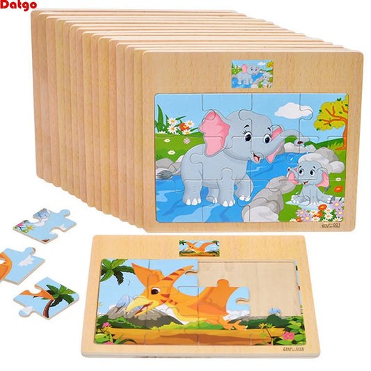 12/9pcs Wooden Puzzles Kids Cartoon Animals Vehicles Educational Learning Toy Gift