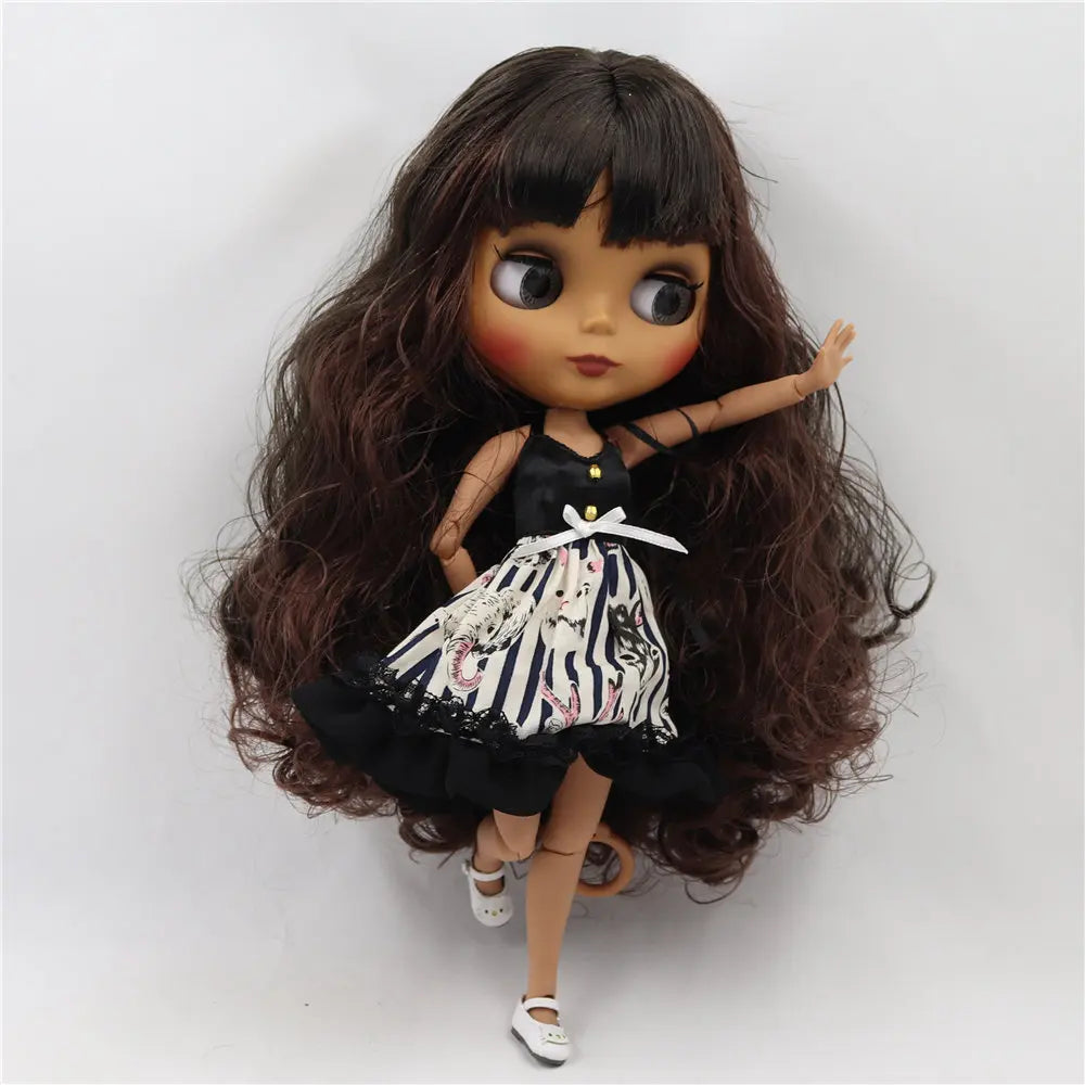 ICY DBS Blythe Doll Black Skin Matte Face Joint Body Black Brown Hair BL950