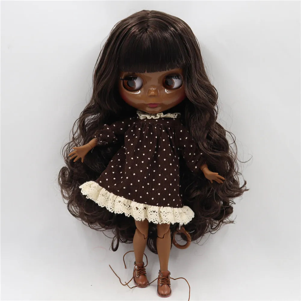 ICY DBS Blythe Doll Super Black Skin Glossy Face Joint Body Dark Brown Hair