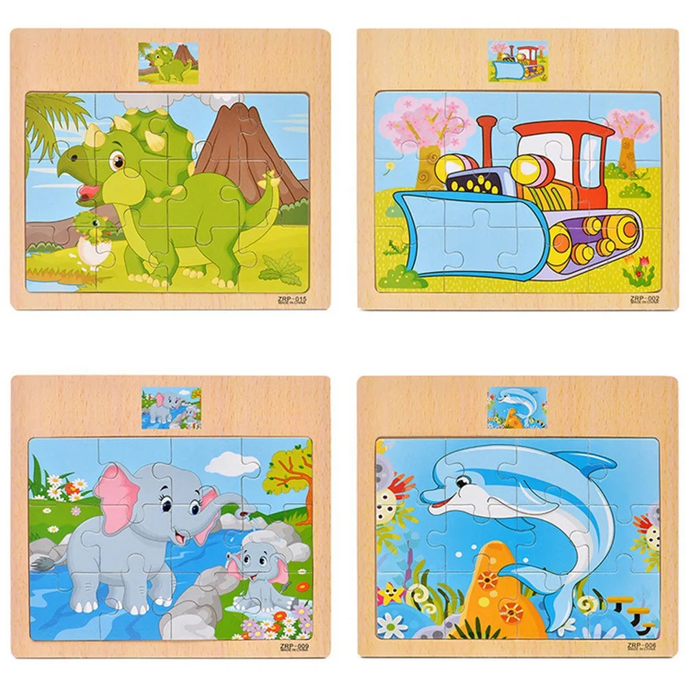 12/9pcs Wooden Puzzles Kids Cartoon Animals Vehicles Educational Learning Toy Gift