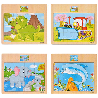 12/9pcs Wooden Puzzles Kids Cartoon Animals Vehicles Educational Learning Toy Gift